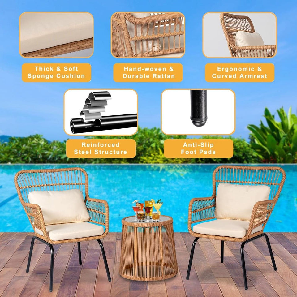 Outdoor Patio Wicker Bistro Set 3 Piece Yellow Beige