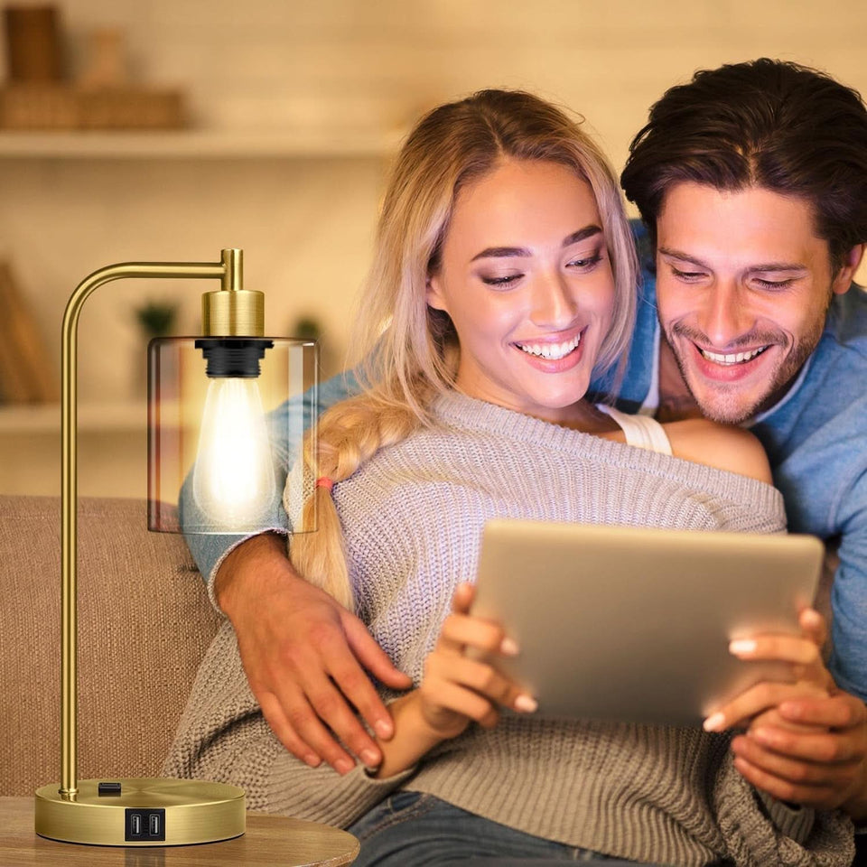 Industrial Touch Table Lamps Set Of 2 With USB Ports And AC Outlet Brass