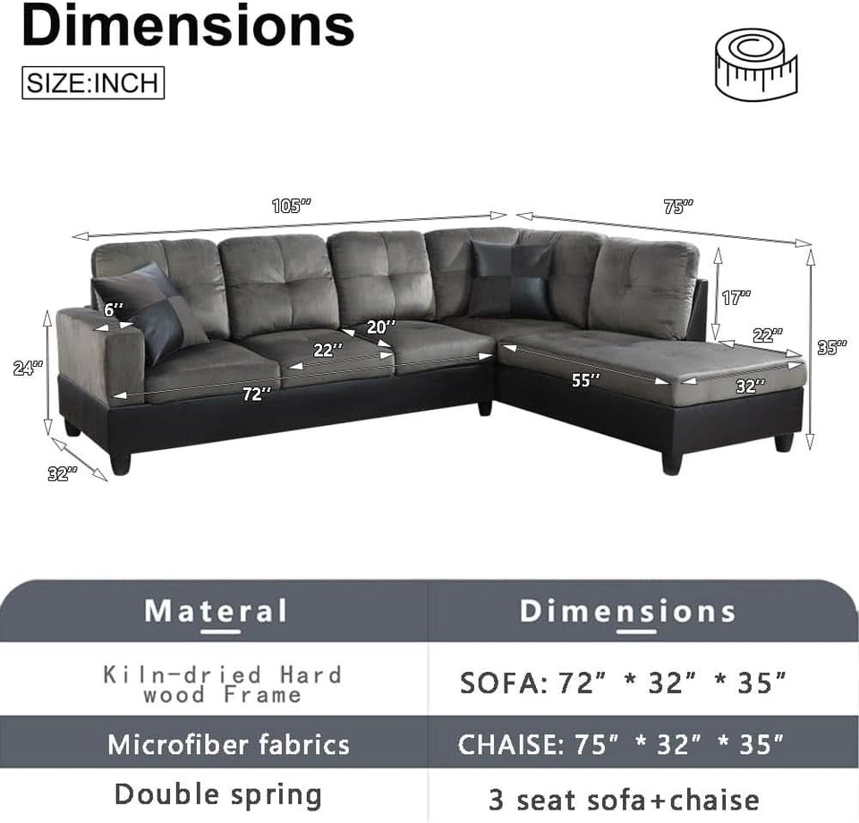 Two Piece L Shape Sectional Sofa Set With Chaise In Taupe Microfiber Right Hand Facing Living Room Furniture