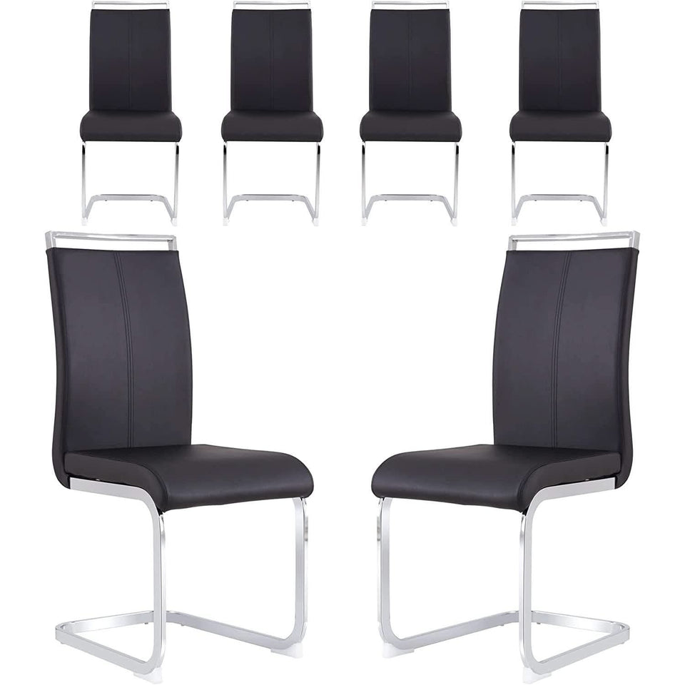 6 Piece Black PU Leather Dining Chairs With Metal Legs
