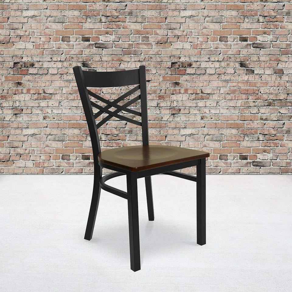 2 Pack Hercules Series Black X Back Metal Restaurant Chairs With Mahogany Wood Seats
