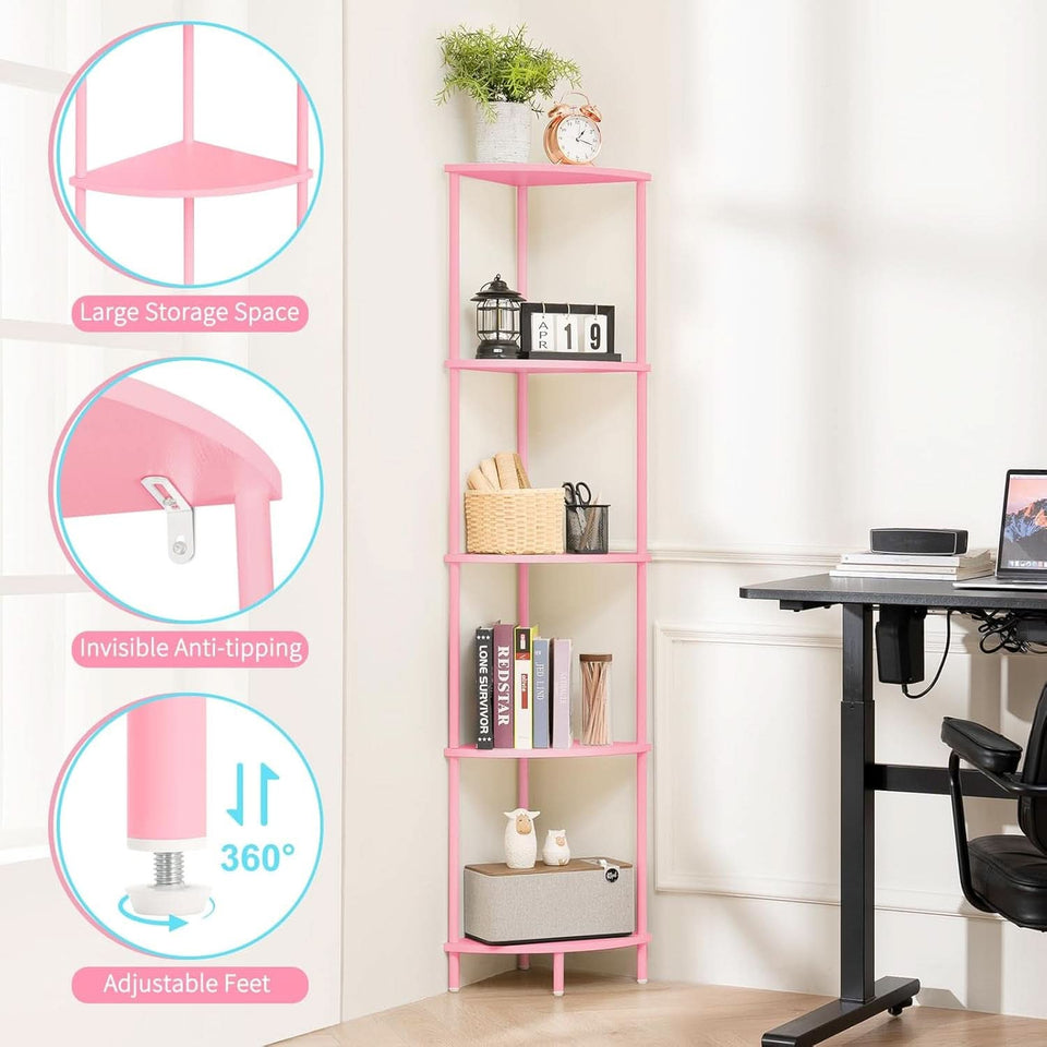 65 Inch Rustic Corner Shelf Stand 5 Tier Display Shelves