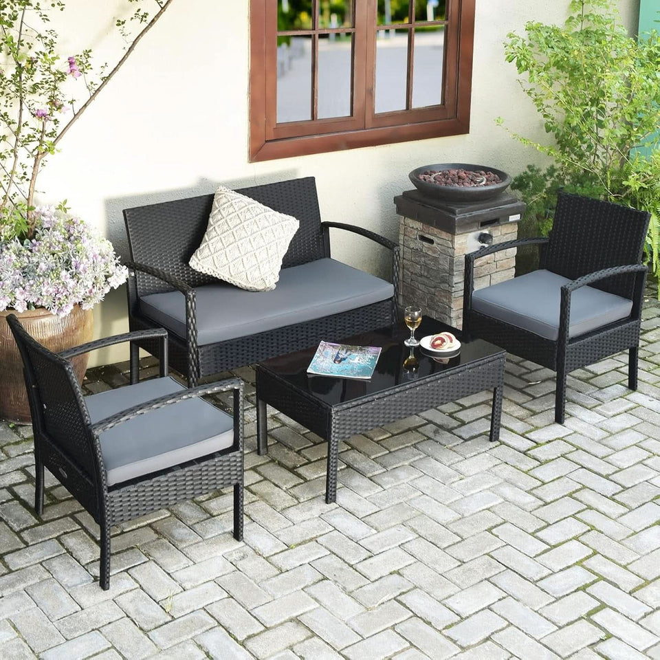 4 Piece Patio Rattan Furniture Set With Glass Coffee Table