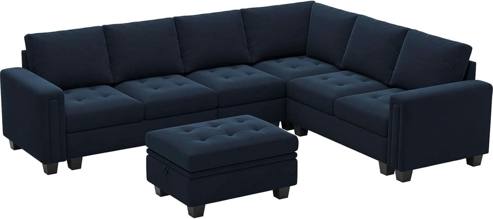 Velvet L Shaped Sofa Reversible Chaise Storage Ottoman Blue