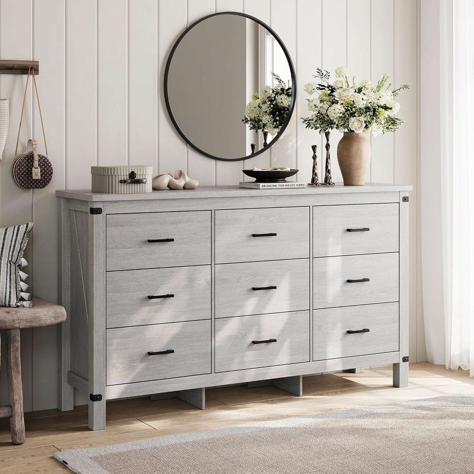 59 Inch Washed Grey Modern Farmhouse DresserWithNineDrawers