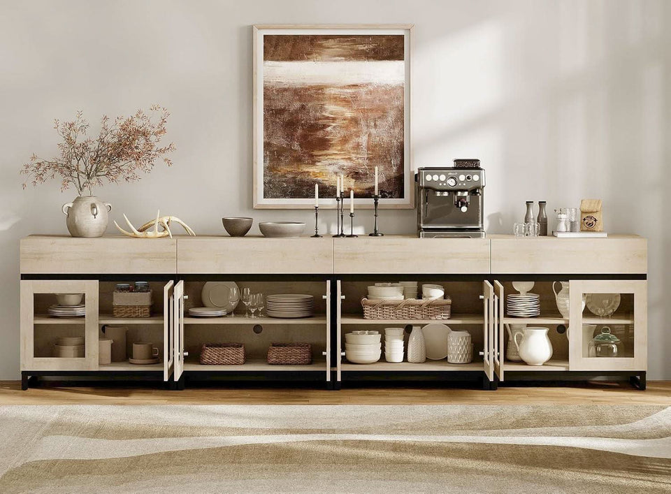 Natural Oak Contemporary Sideboard With Glass Doors