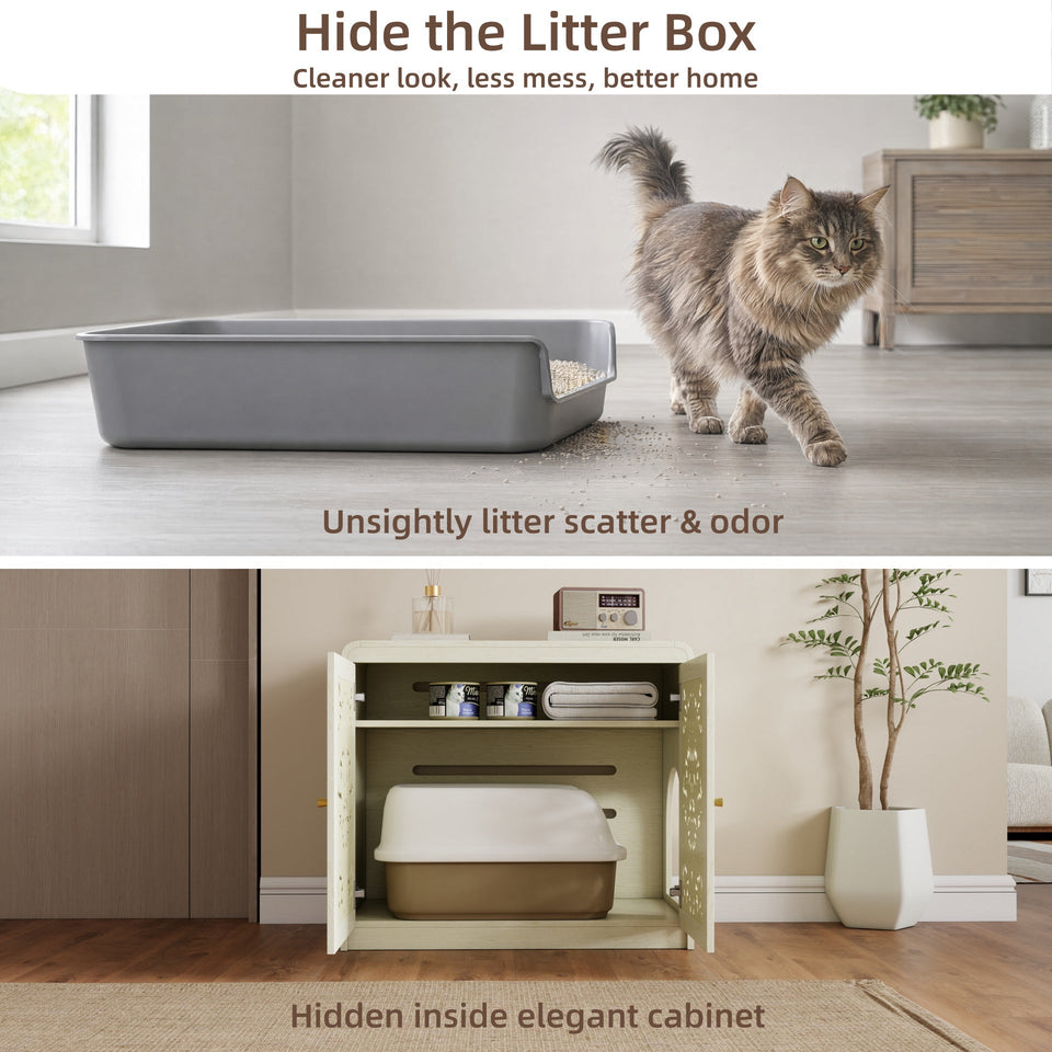 Antique White Pet Litter Box Cabinet with Ventilation - Engineered Wood