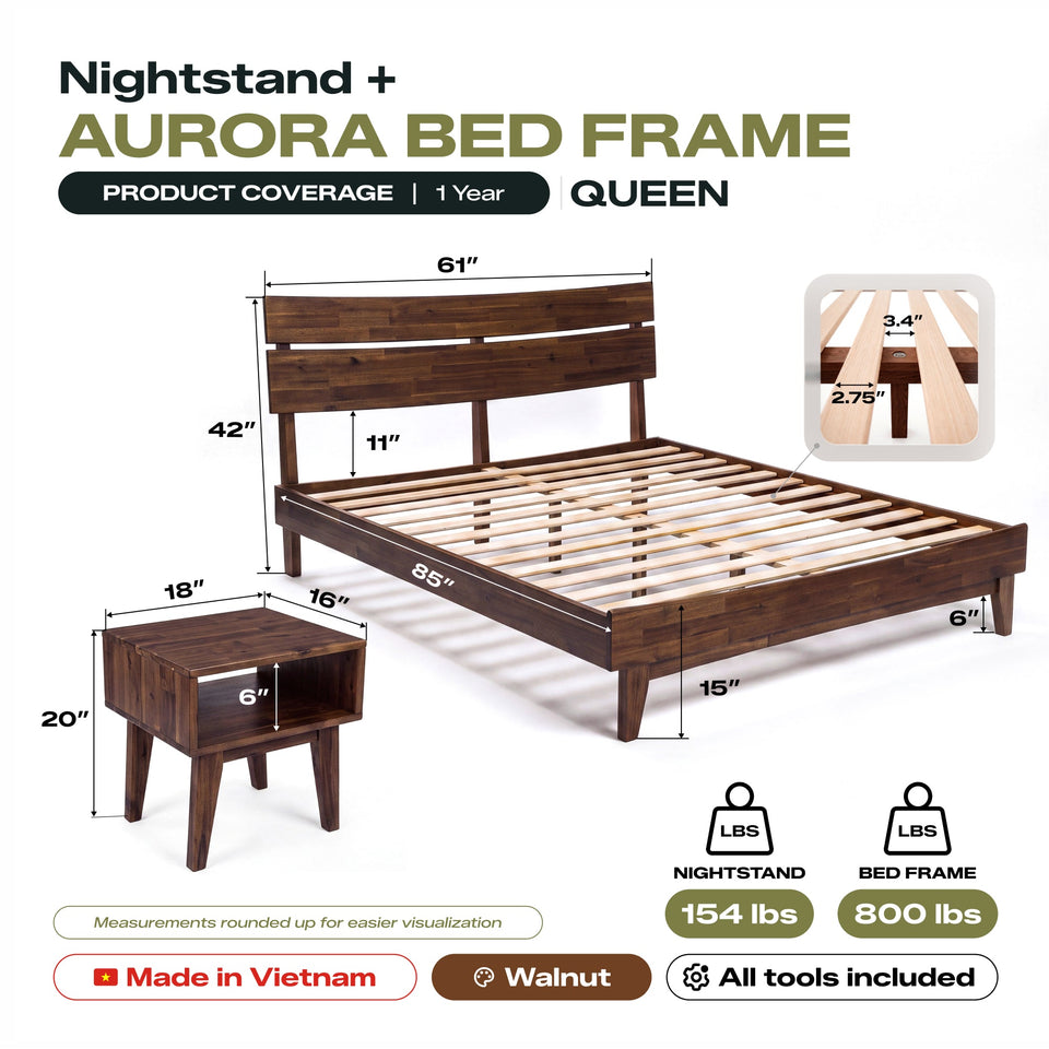 [Buy 1 Get 1] Aurora Solid Wood Bed Frame & Nightstand