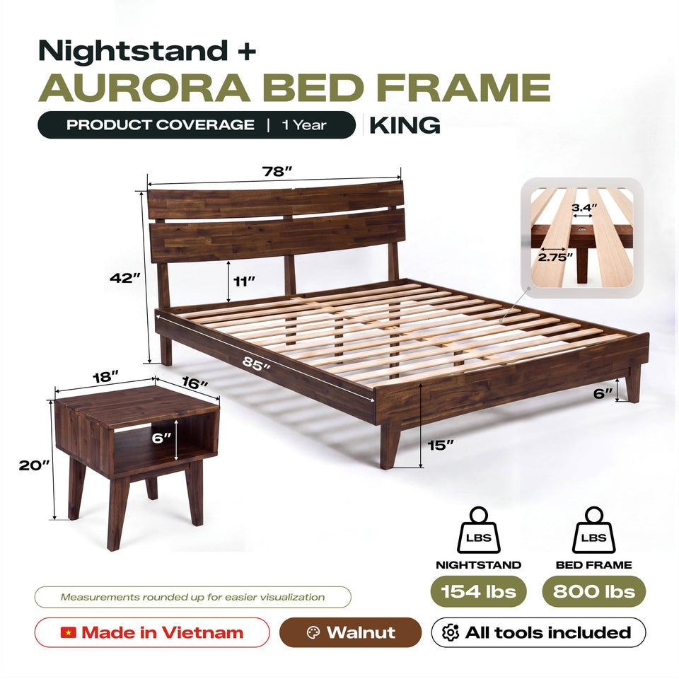 [Buy 1 Get 1] Aurora Solid Wood Bed Frame & Nightstand