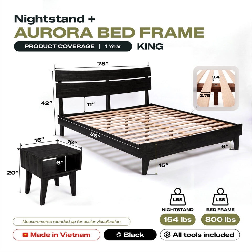 [Buy 1 Get 1] Aurora Solid Wood Bed Frame & Nightstand