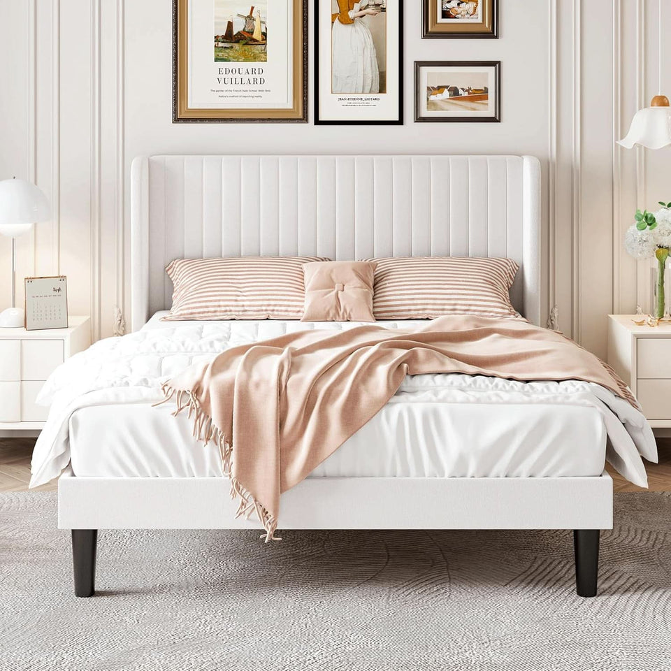 Velvet Upholstered Full Bed Frame With Wingback Headboard