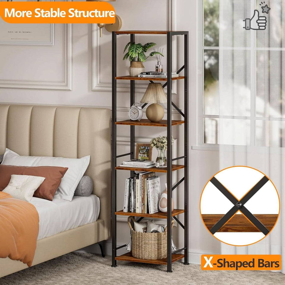 Tall Industrial Bookcase 6 Tier Rustic Brown Storage
