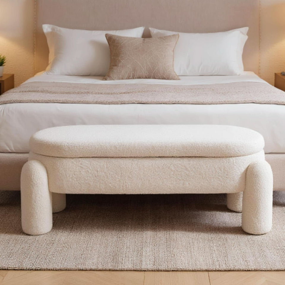 44.7-Inch White Boucle Upholstered Storage Ottoman Bench