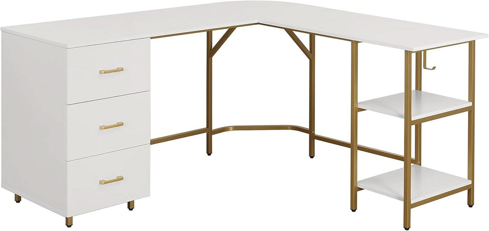 L Shaped Corner Desk Two Tone With Drawers And Shelves For Home Office