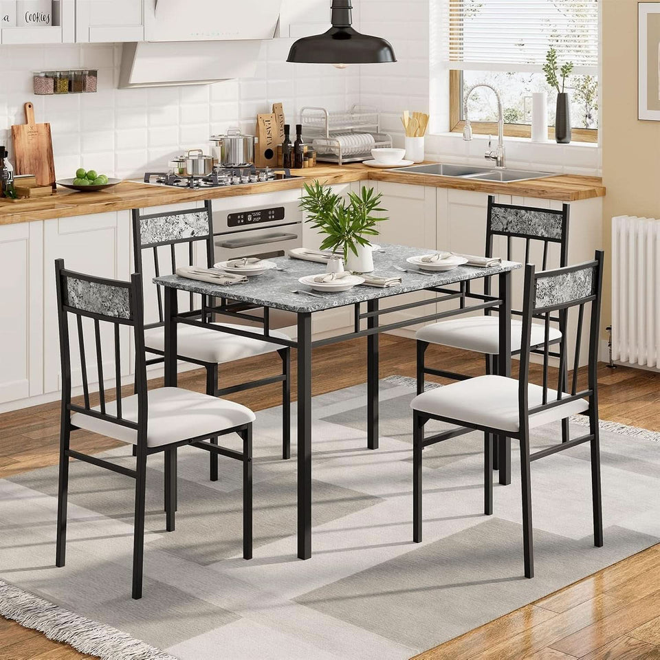 Grey Faux Marble Dining Table Set For 4 With Padded Chairs