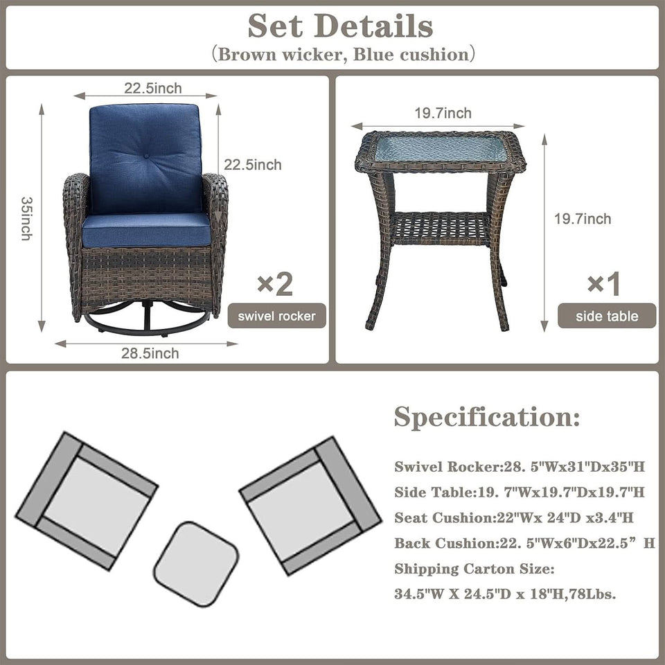 Patio Wicker Swivel Rocker Chairs Set Of 2 With Glass Top Side Table Brown Blue
