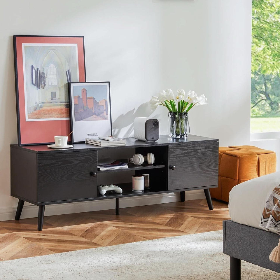 TV Stand For 55-60 Inch TVs Black With Two Cabinets Storage