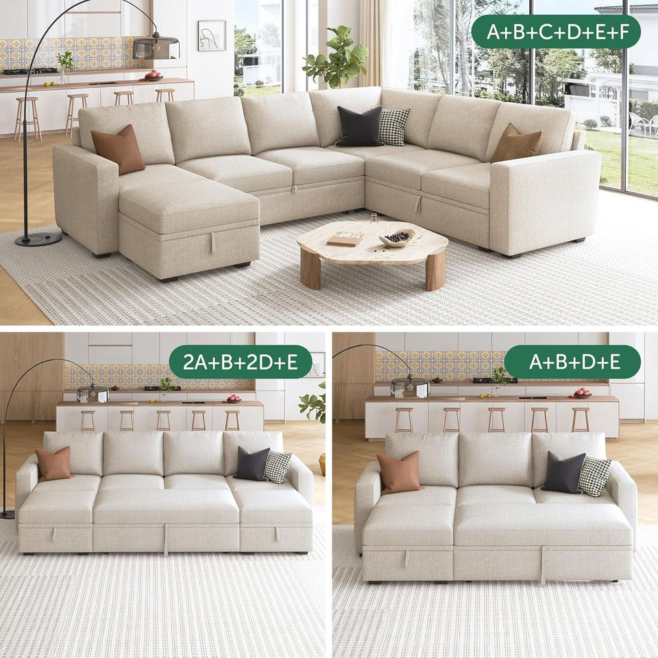 Beige Textured Storage Ottoman For Sectional Sleeper