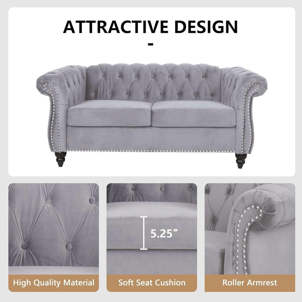 3 Piece Velvet Living Room Set Sectional Chesterfield Sofa Upholstered Loveseat And Chair