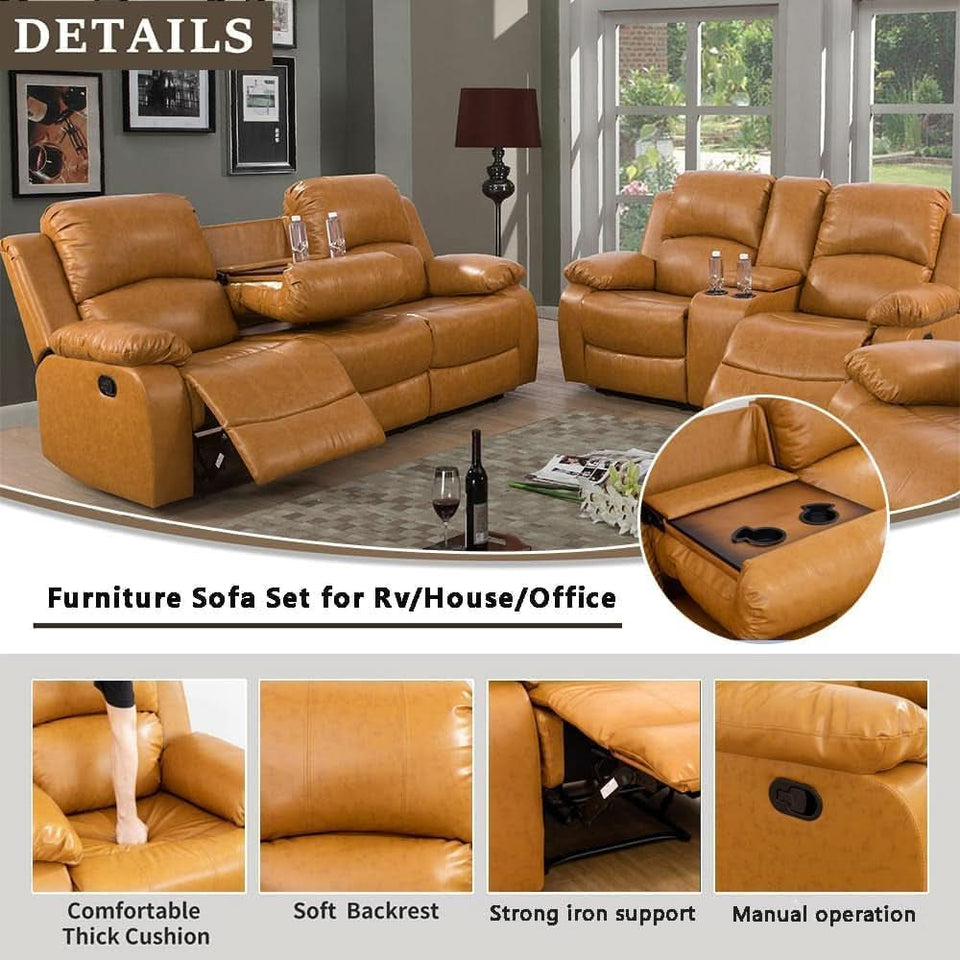 Bonded Leather Living Room Furniture Set Reclining Sofa And Loveseat Ginger