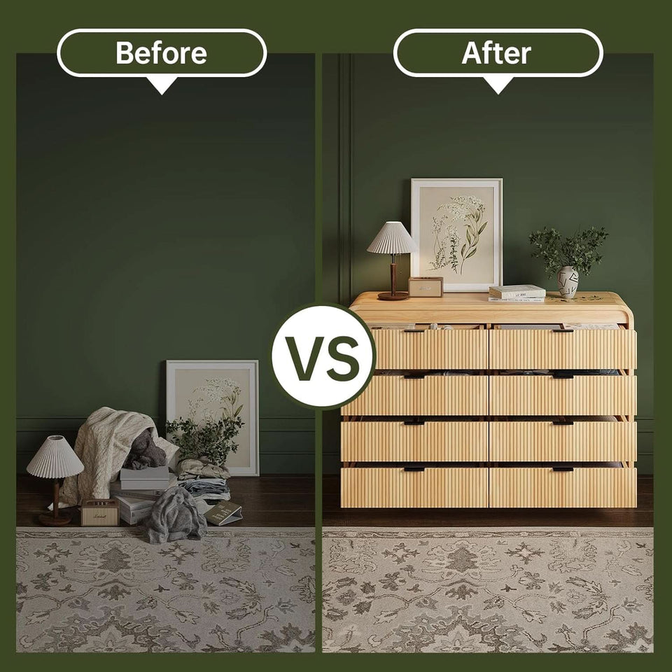 Natural Oak Fluted 8 Drawer Dresser 55 Inch Wide Bedroom
