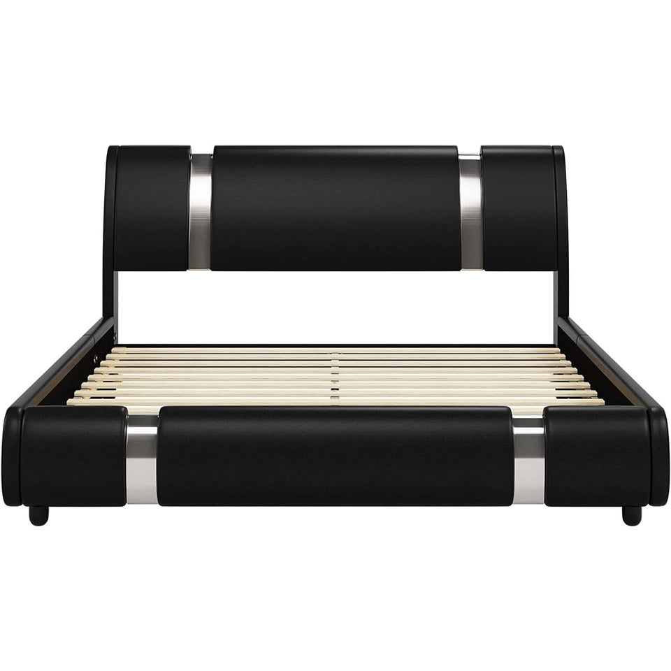 Queen Faux Leather Bed Frame With Adjustable Headboard