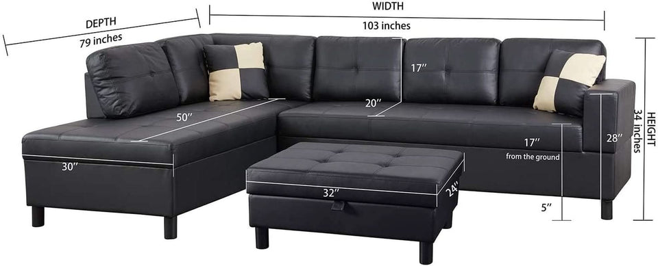 Faux Leather Sectional Sofa With Chaise Black For Living