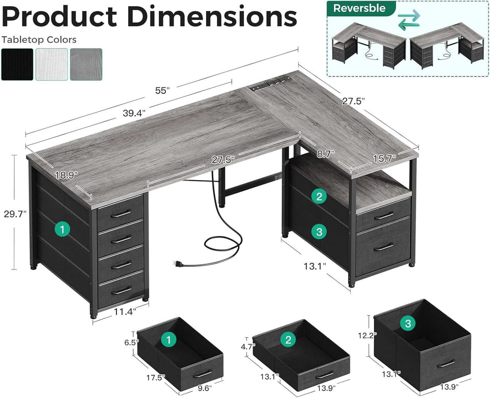L Shaped Computer Desk With 6 Drawers And Power Outlet