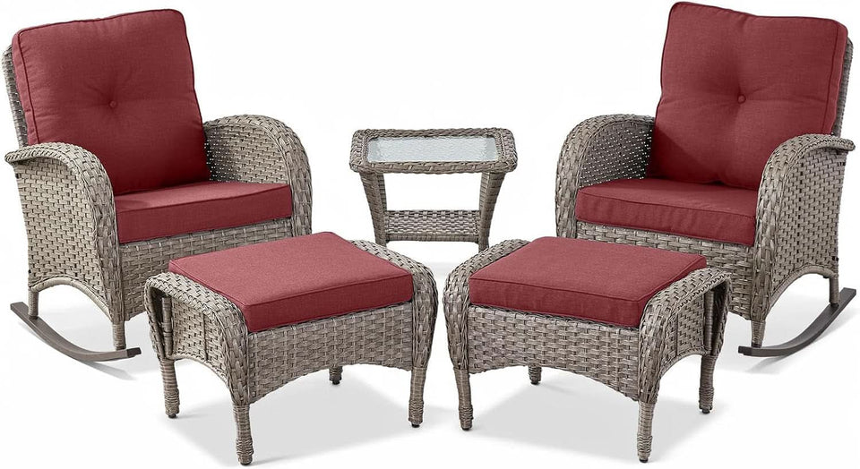 5 Piece Patio Rocking Chairs Set With Wicker Ottomans