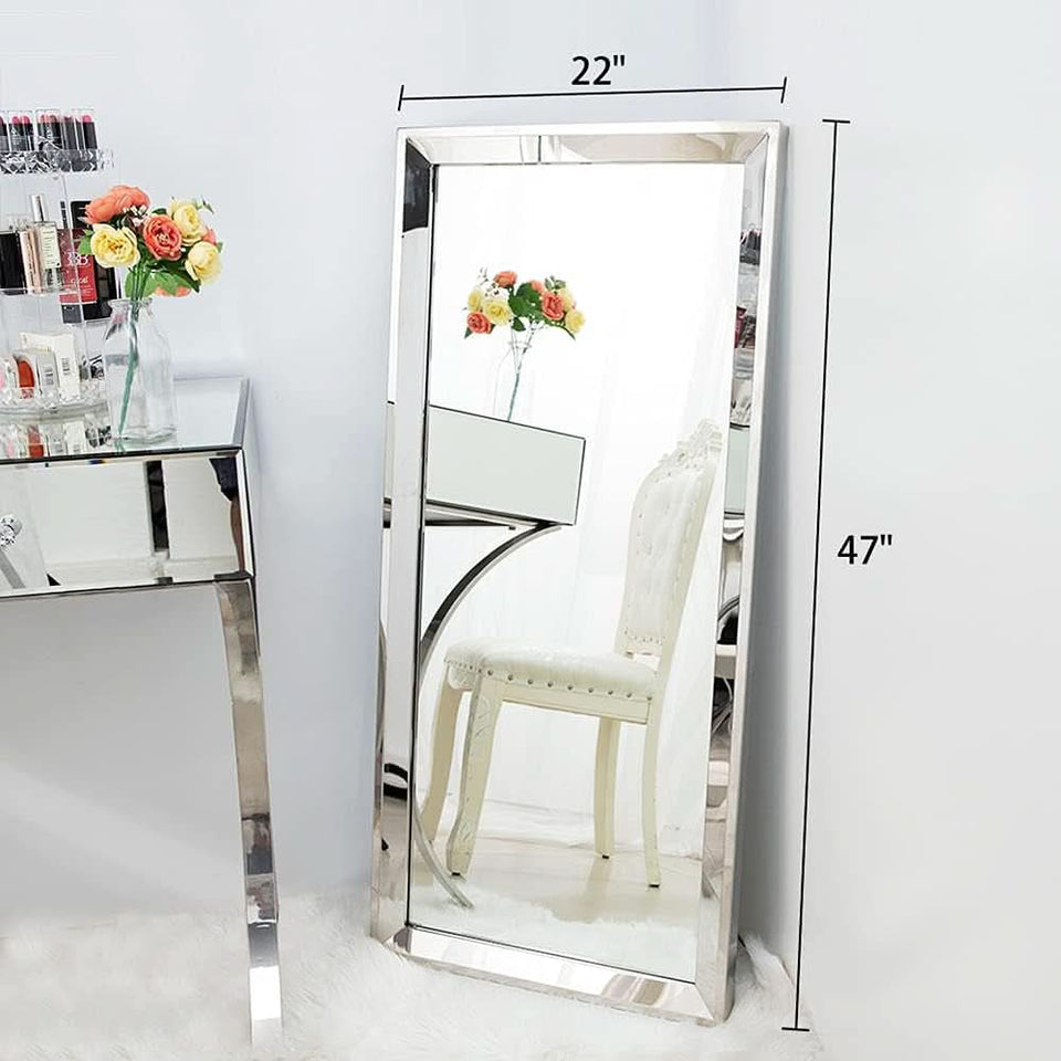 22 Inch By 47 Inch Large Wall Mirror With Angled Beveled Edge And Stainless Steel Frame