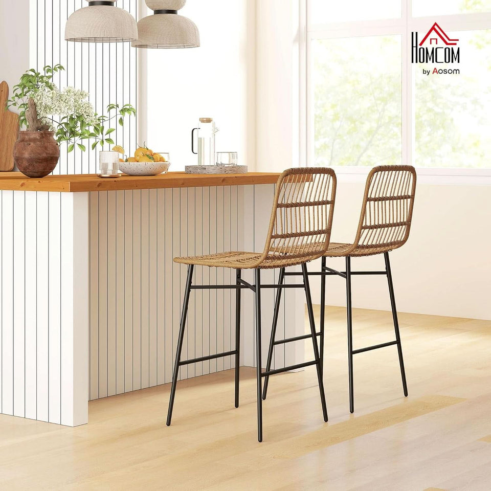 Rattan Counter Height Bar Stools Set Of 2 26 Inch Brown