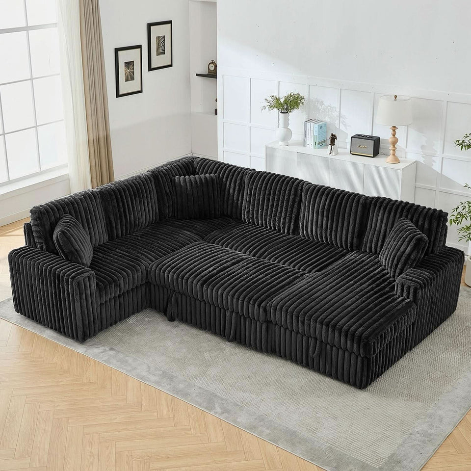 Black 122Inch U Shaped Sleeper Sectional USB Charging Ports