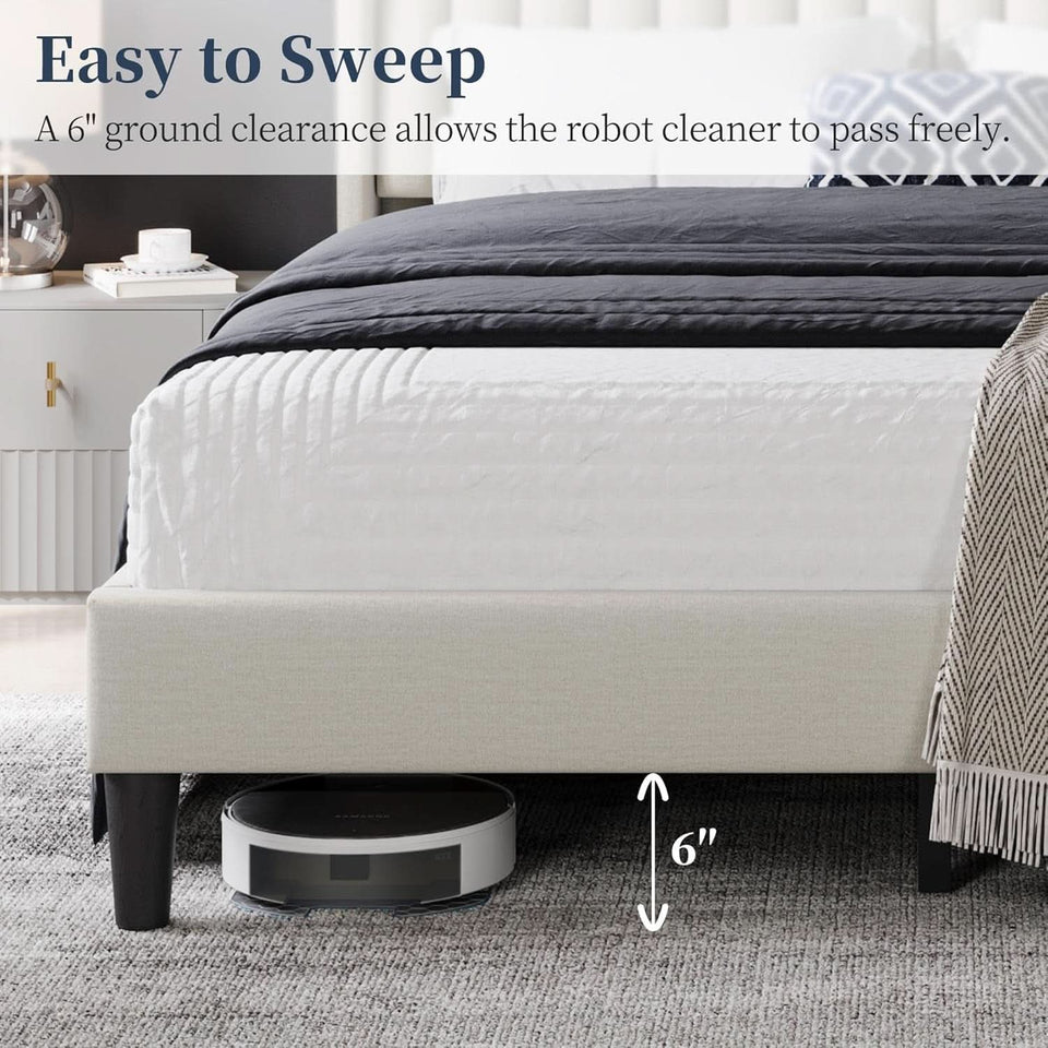 Queen Upholstered Platform Bed With Beige Headboard