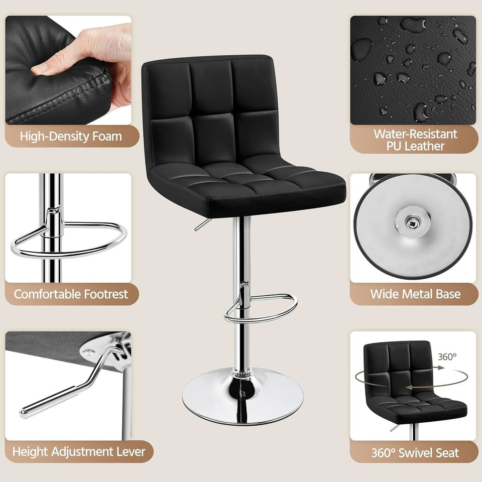 Set Of 2 Adjustable Black PU Leather Swivel Bar Stools