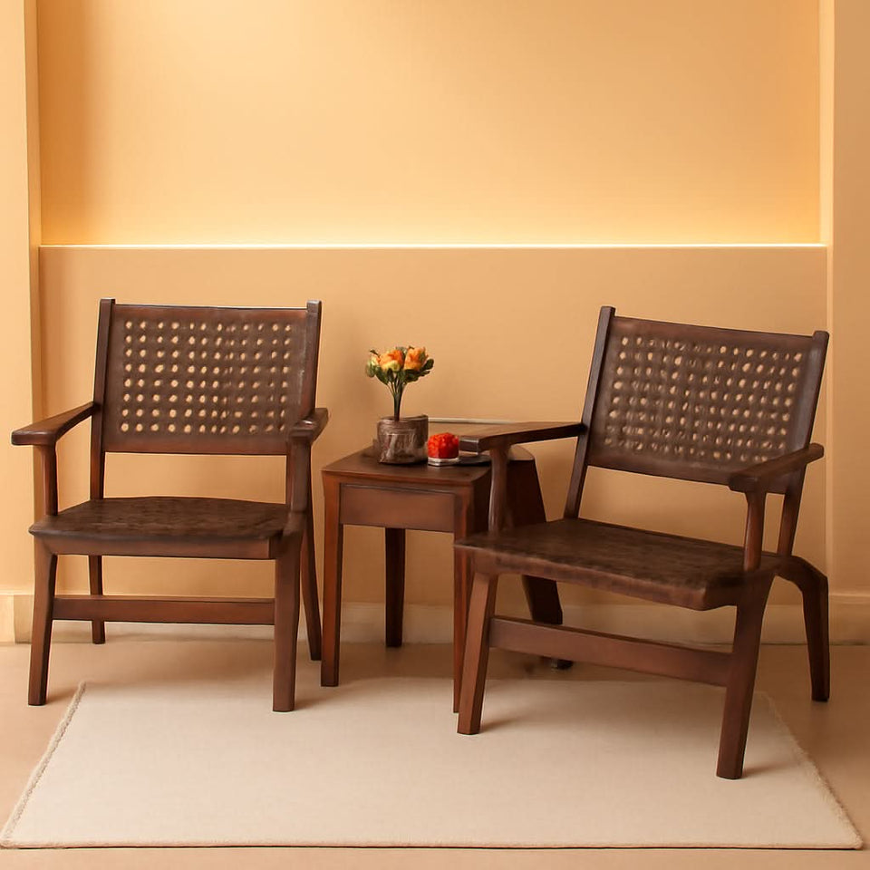 3 Piece Patio Conversation Set With Solid Eucalyptus Wood Frame And Brown Rattan Wicker