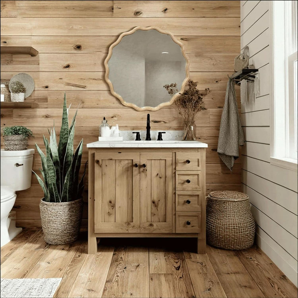 Round Wood Wall Mirror 24 Inch Shatterproof Glass Mounted