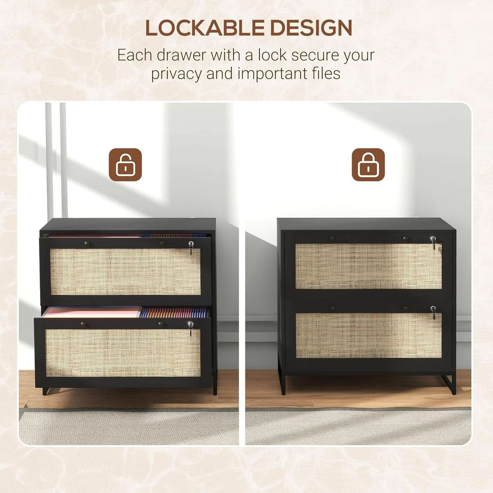 Rattan Drawer File Cabinet With Lock For Letter A4 Legal Files Printer Stand Black