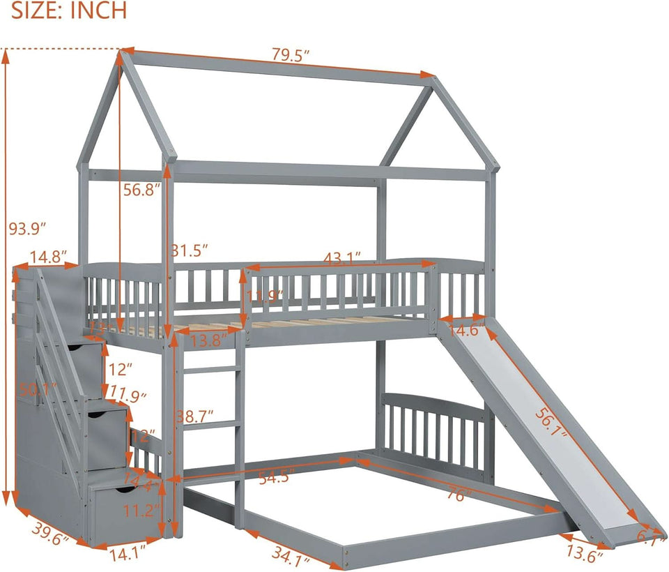 Gray Twin Loft Bunk Bed With Slide And Stairs Storage