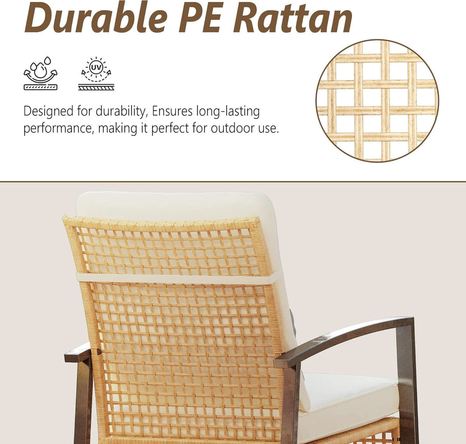 Beige Patio Rocking Chairs Set With Glass Coffee Table