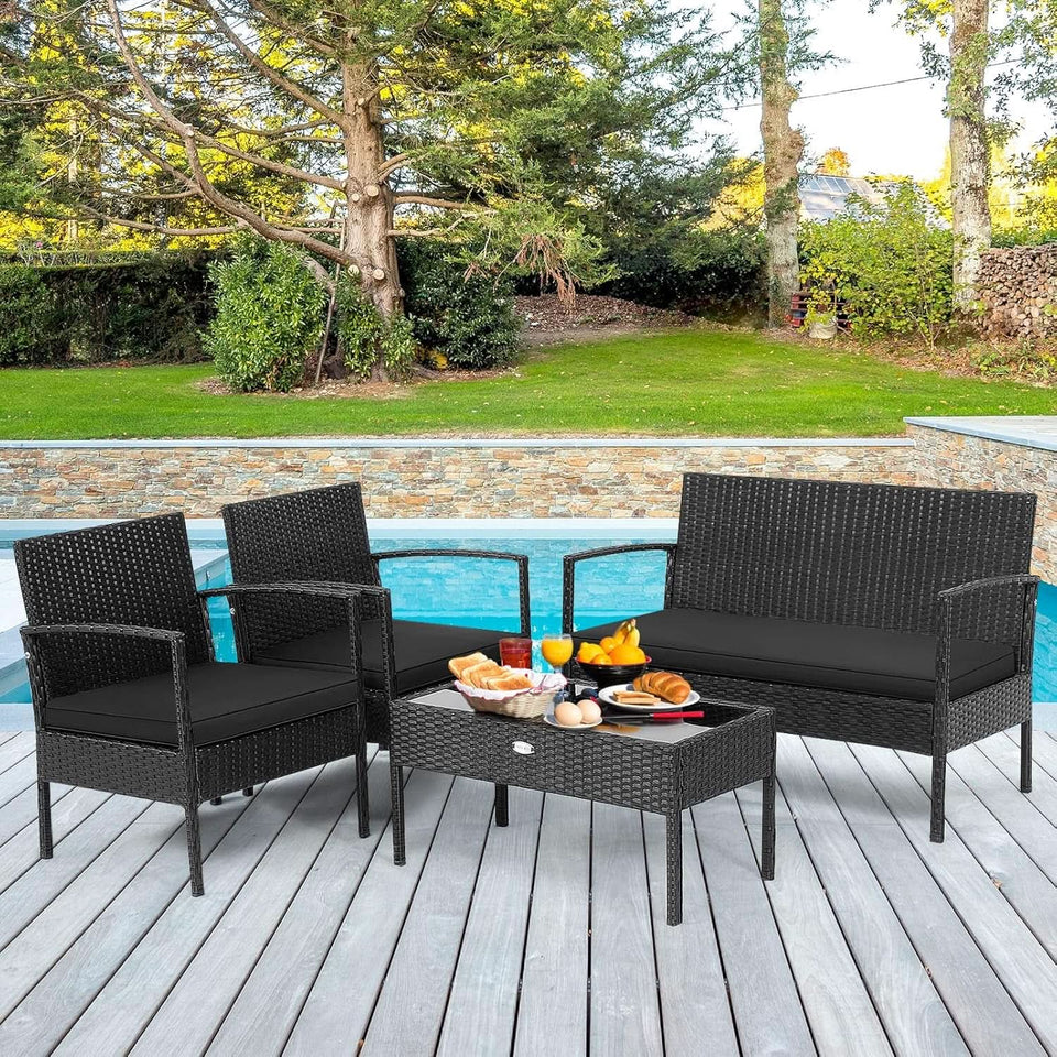 4 Piece Patio Rattan Conversation Set Glass Coffee Table