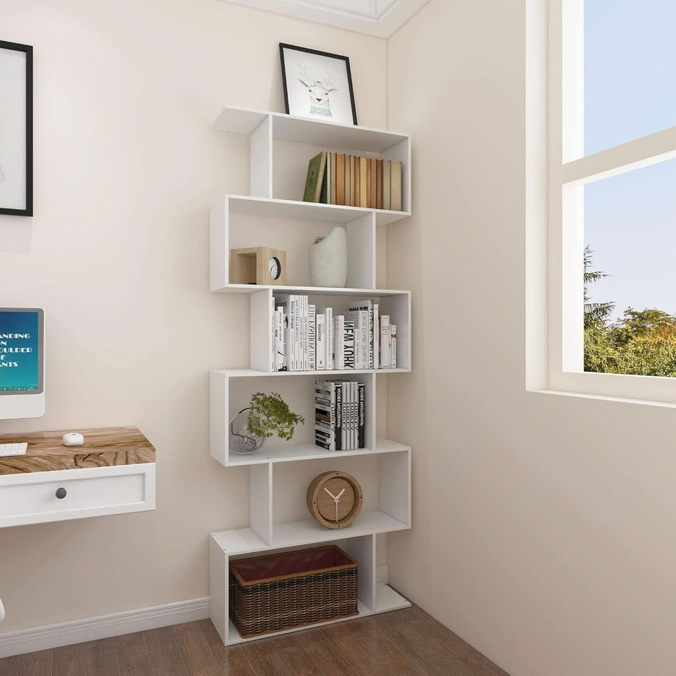 S Shaped Bookshelf White 6 Tier Display Bookcase Office