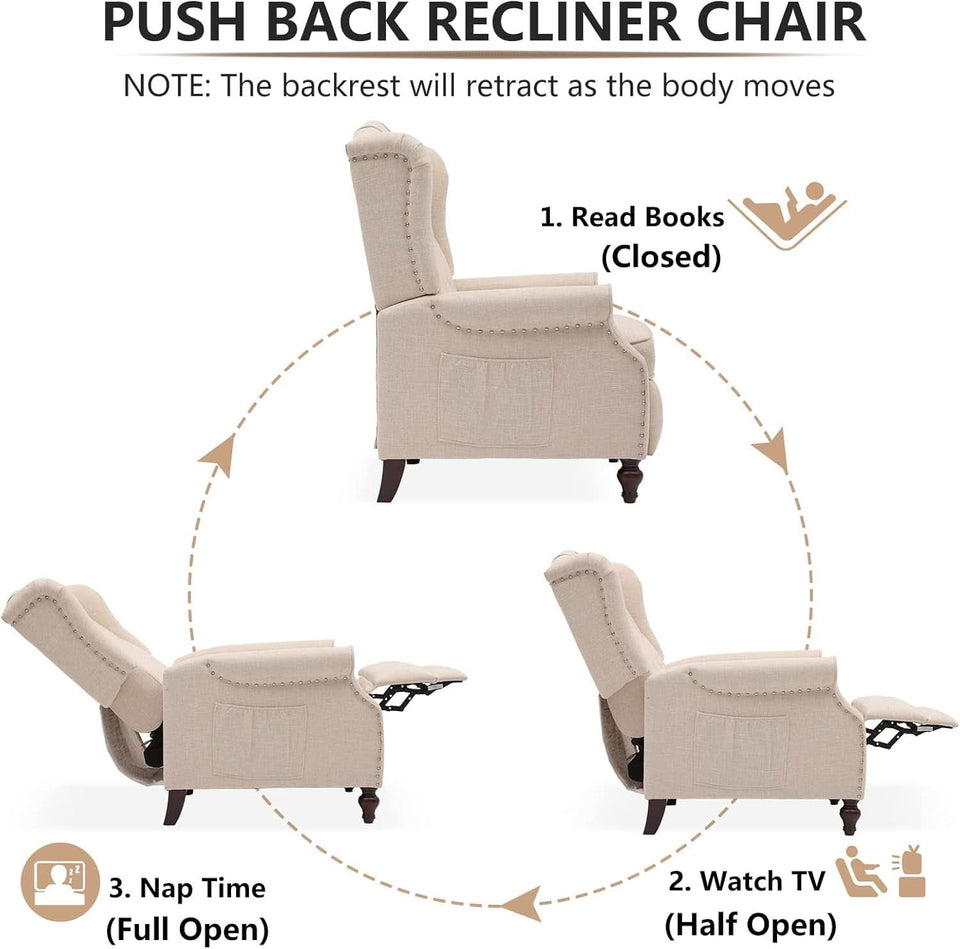 Beige Wingback Pushback Recliner With Massage Heat