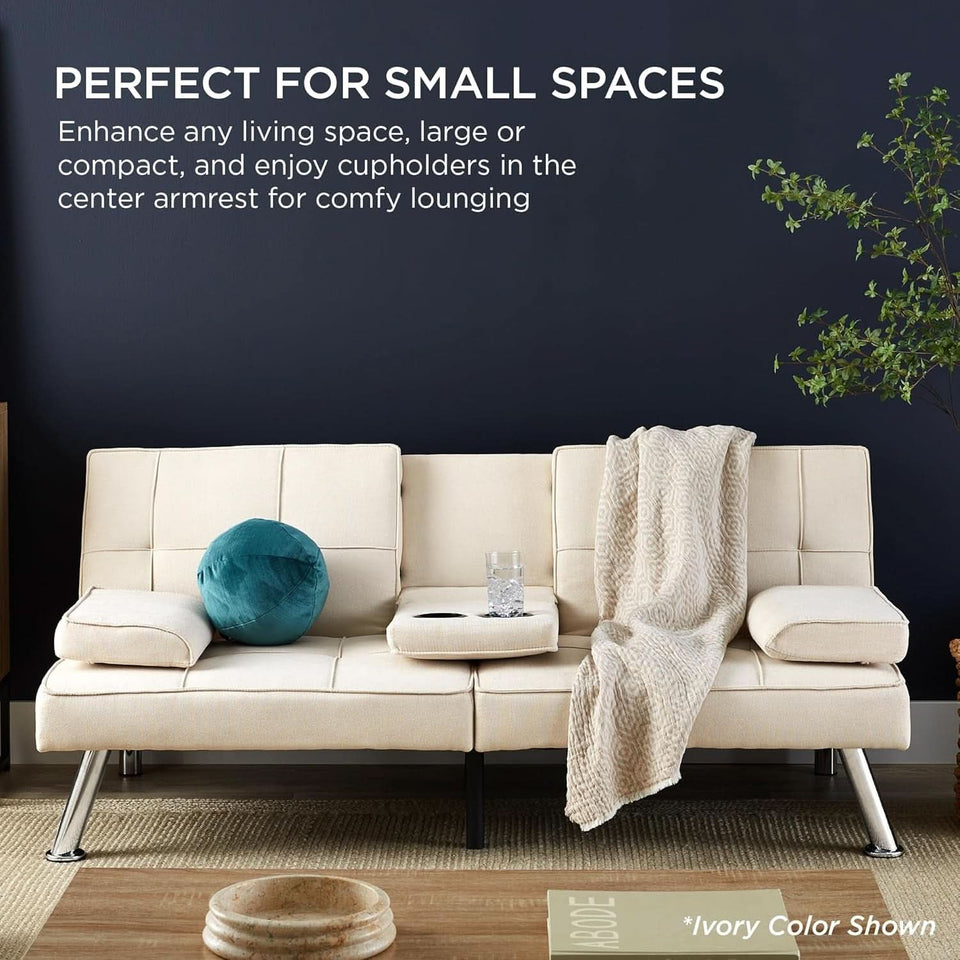 Linen Folding Futon Sofa Bed Aqua With Removable Armrests
