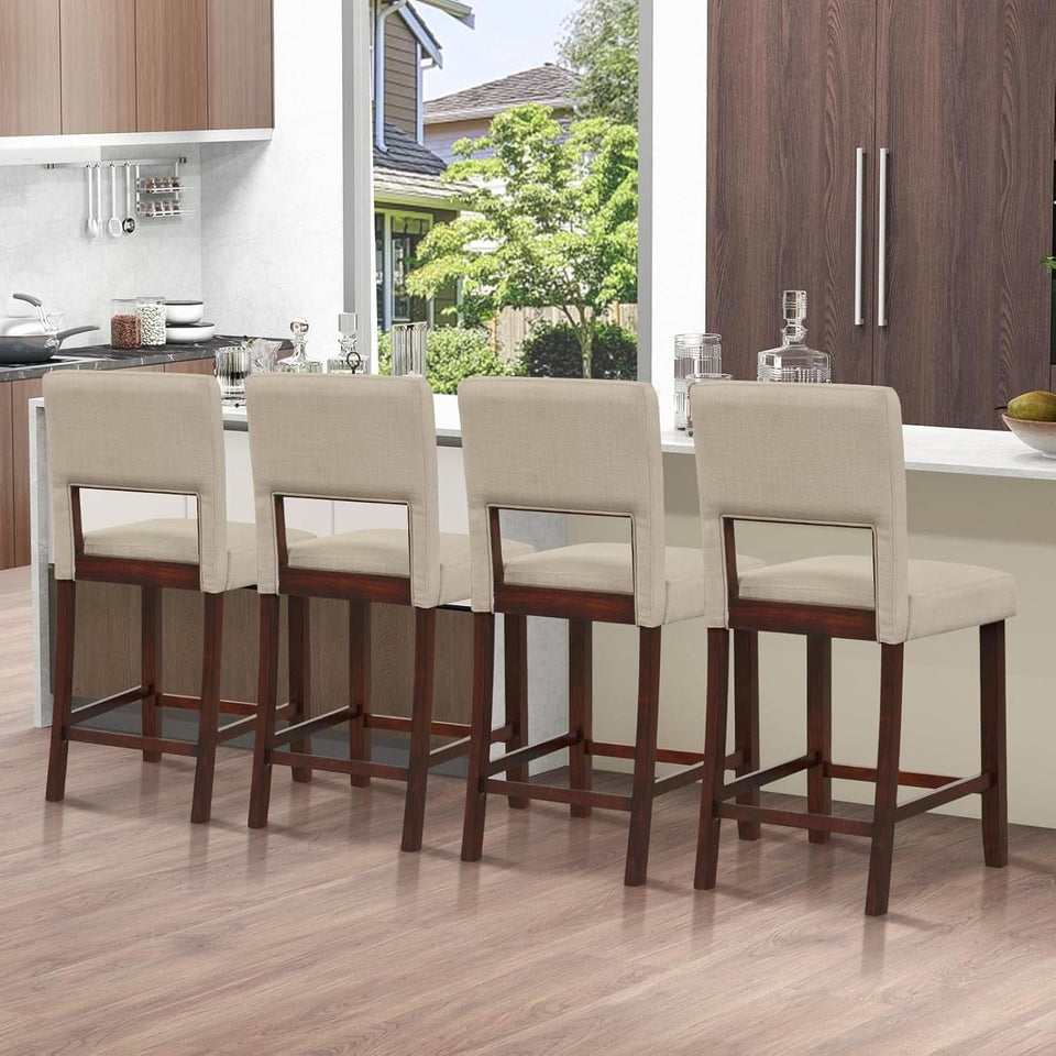 24.5 Inch Counter Height Bar Stools Set Of 4 With Back Upholstered Beige Linen For Kitchen Island