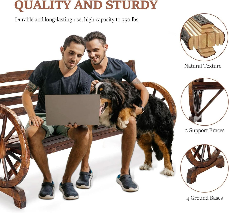 Rustic Wooden Garden Bench with Wagon Wheel Arms