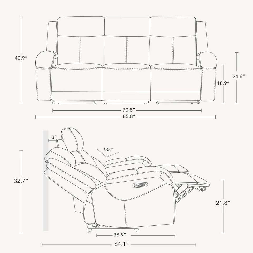 Genuine Leather Power Recliner Sofa 3 Seater USB Ports