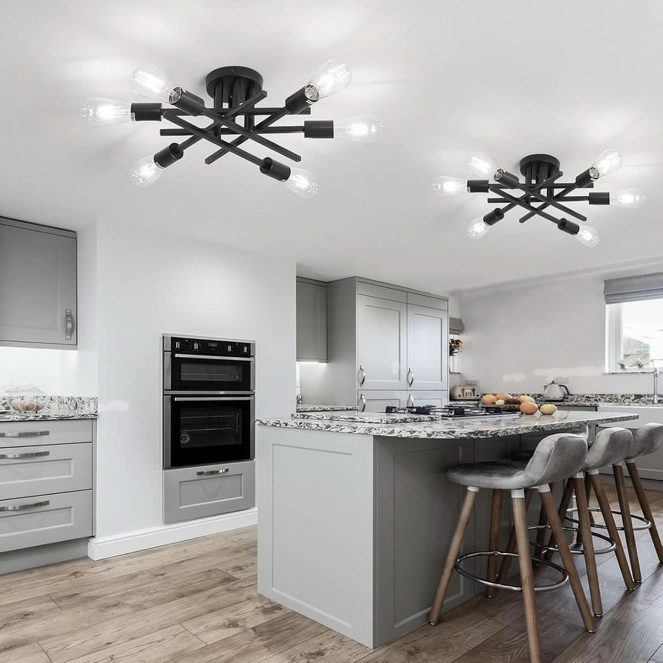 6 Light Matte Black Sputnik Semi Flush Chandelier 2 Pack