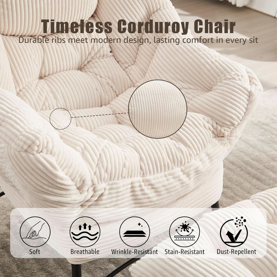 Oversized Corduroy White Reading Chair With Ottoman