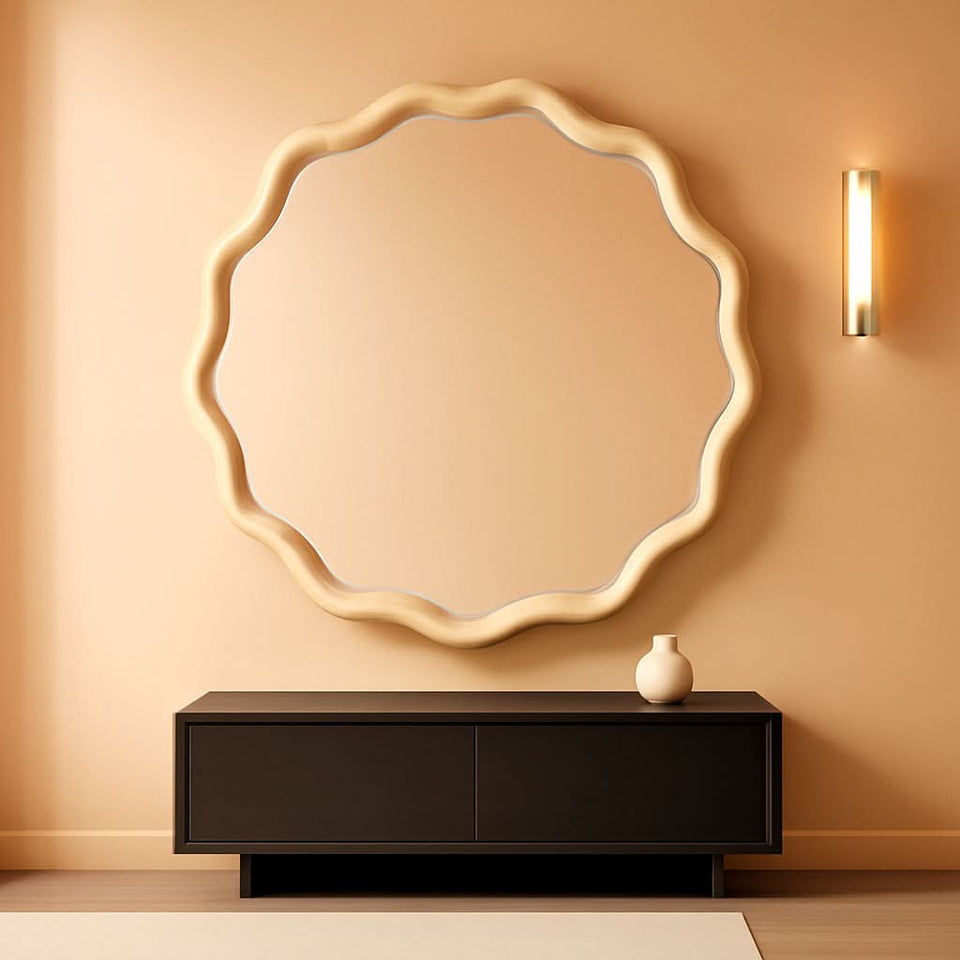 Round Wood Wall Mirror 24 Inch Shatterproof Glass Mounted