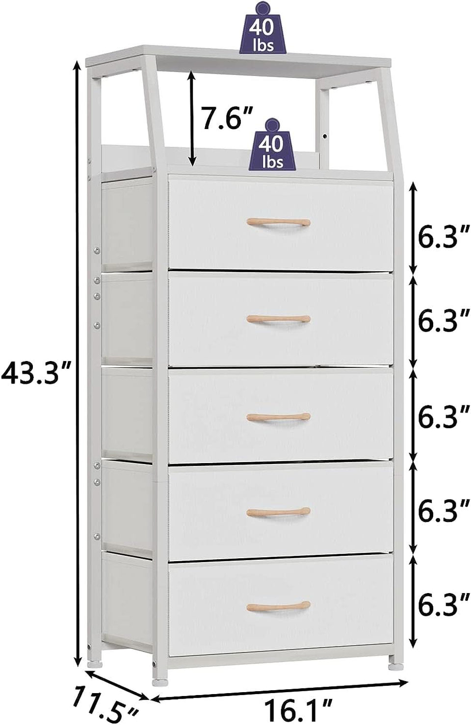 White Dresser With 5 Drawers And Wood Top Bedroom Storage